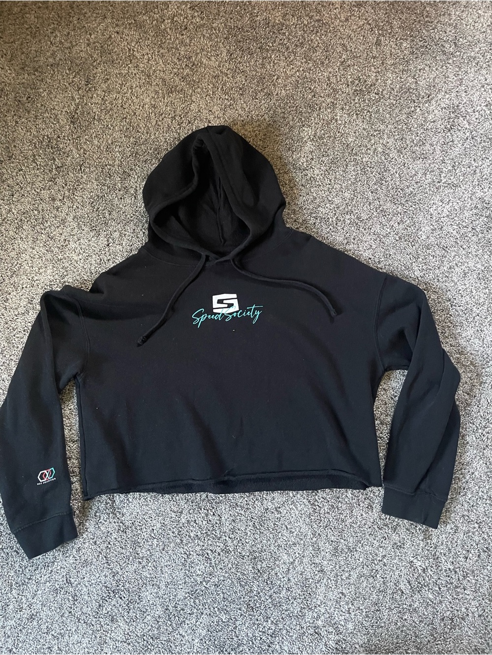 Society Black Cropped Hoodie with Teal Logo